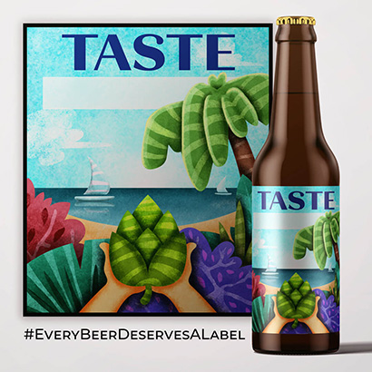 Beach with hop in hands illustration beer label
