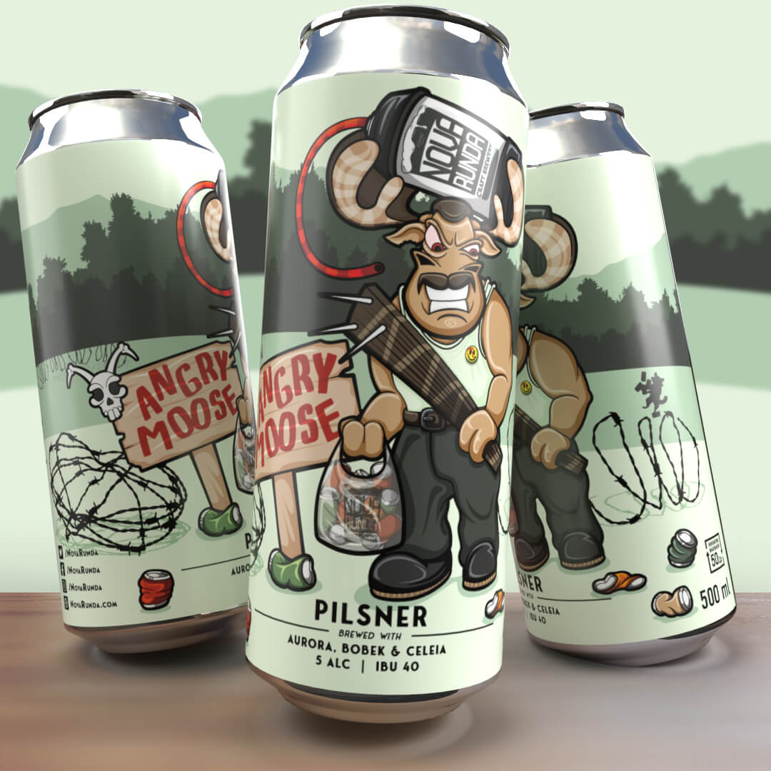 Craft beer cans with angry moose illustrated military style