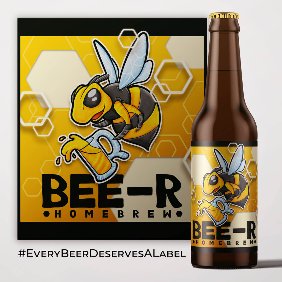 Beer bottle label with illustration of bee holding beer