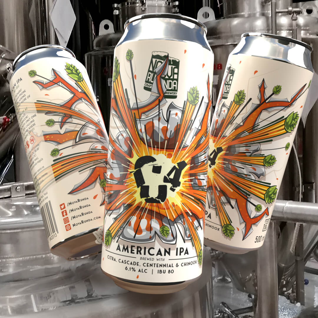 Craft beer can with explosion and flying hops illustrated on label