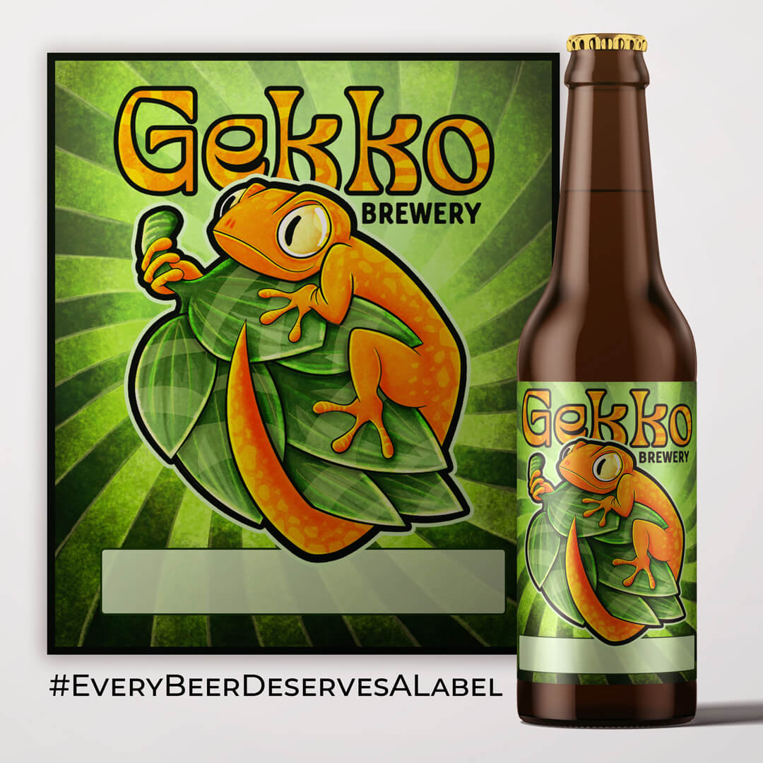 Bottle of beer with colorful gekko illustration on label