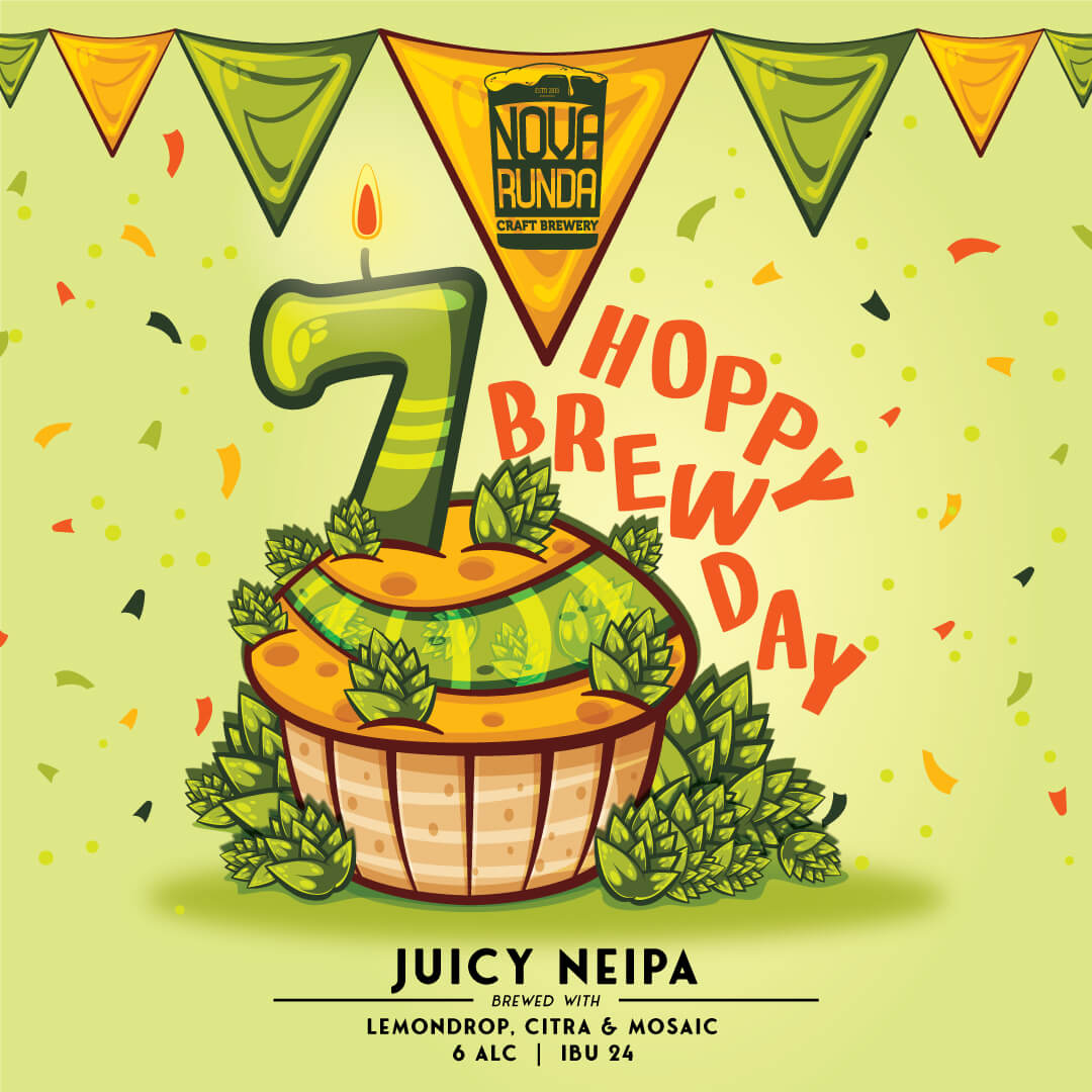 Birthday style illustration of muffin with lot of hops and number 7 candle