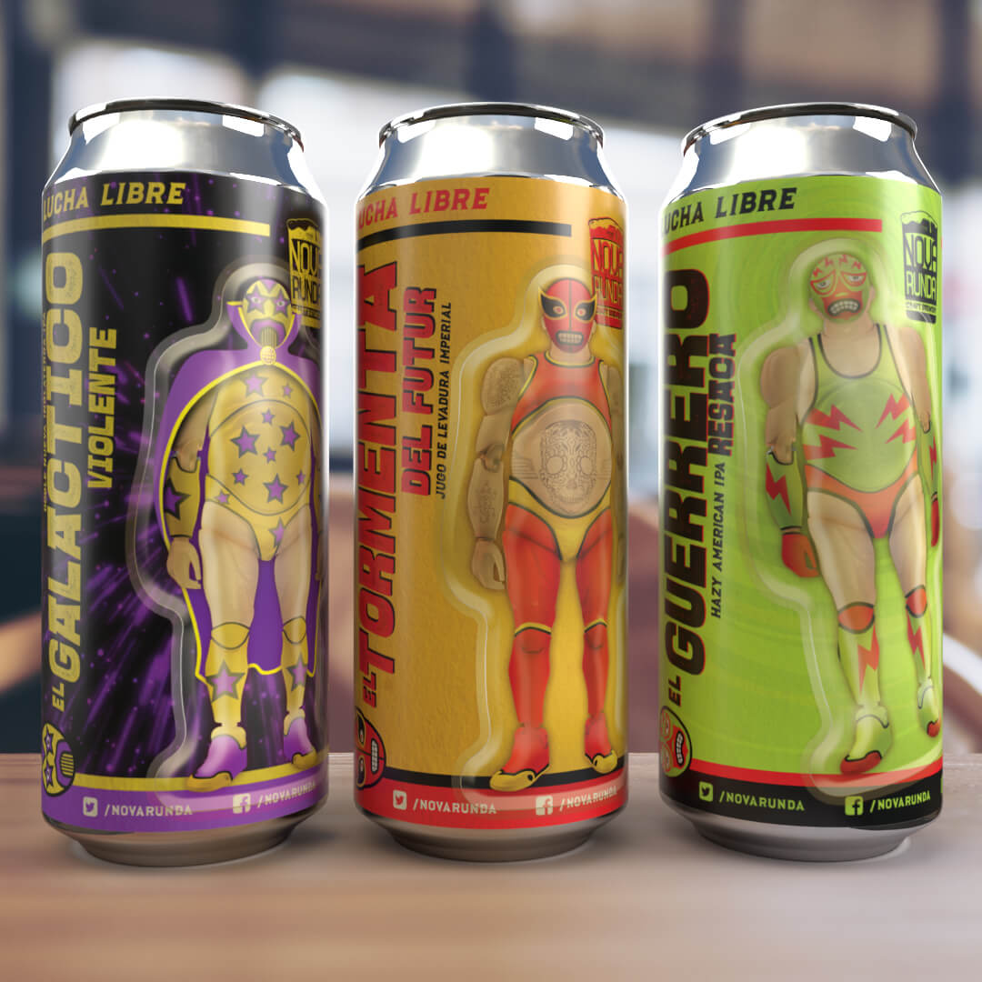 Beer cans with Mexican wrestling action figures