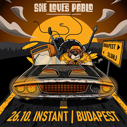 concert promotion illustration bear driving classic car with instruments