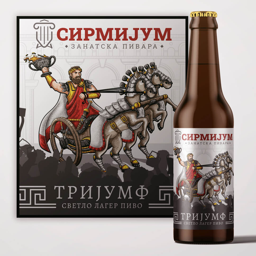 Roman emperor on chariot beer bottle label illustration