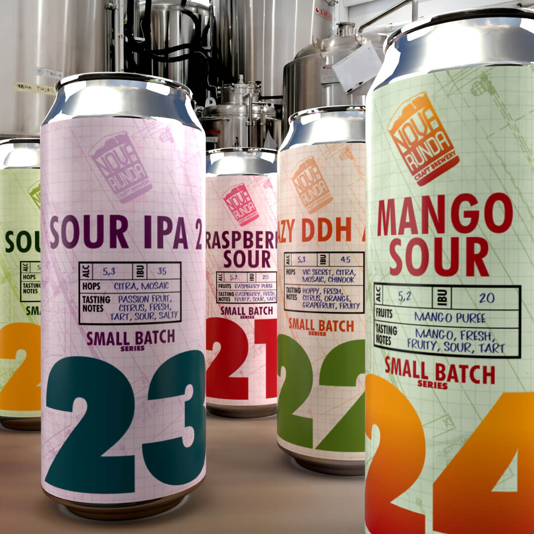 Five sour beer cans with technical drawing style labels