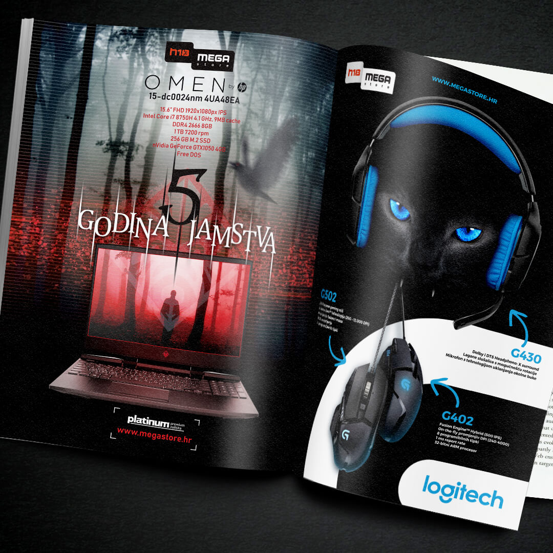 Mockup of magazine full page ads for laptop and gaming equipment