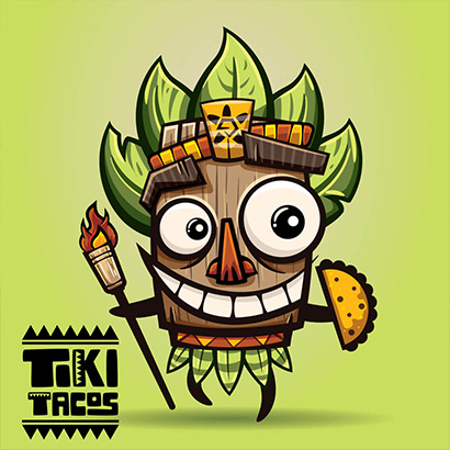 happy tiki logo holding taco
